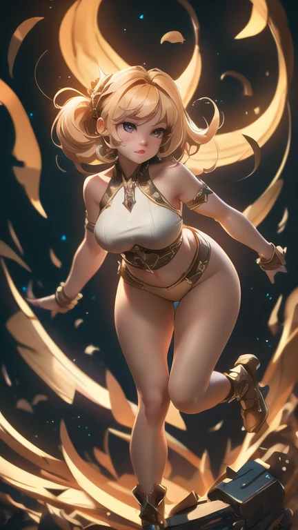 Enigmatic Anime Nymph, Elegant Skin unveiled, Boundless youth, Lush golden tresses, Ethereal glow, Dance of Flames, Alone amidst a multitude