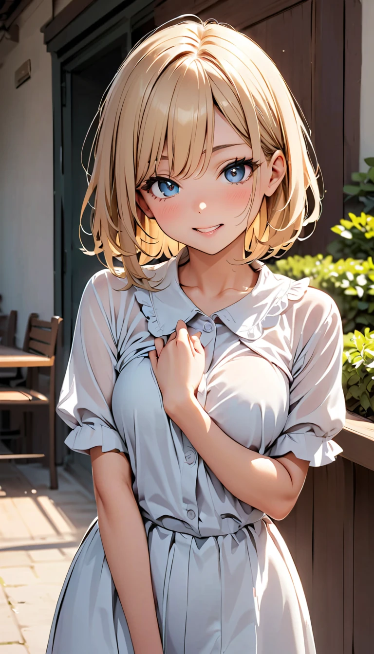 (masterpiece:1.3, top-quality, ultra high res, ultra detailed), (realistic:1.1, photorealistic:1.4), beautiful illustration, perfect lighting, colorful, depth of fields,
beautiful detailed hair, beautiful detailed face, beautiful detailed eyes, beautiful clavicle, beautiful body, beautiful chest, beautiful thigh, beautiful legs, beautiful fingers,
looking at viewer, 1 girl, japanese, high school girl, perfect face, (perfect anatomy, anatomically correct), cute and symmetrical face, babyface, suntan, shiny skin,
(short hair:1.5, bob cut:1.2, ash blonde hair), hair between eyes, blue eyes, long eye lasher, (medium breasts), slender,
(short sleeve off-shoulder yellow green sweater, black tanktop, denim shorts roll-up),
(beautiful scenery), evening, (outdoors, cityscape in the distance), standing, hands on chest, (lovely smile, upper eyes, open mouth),