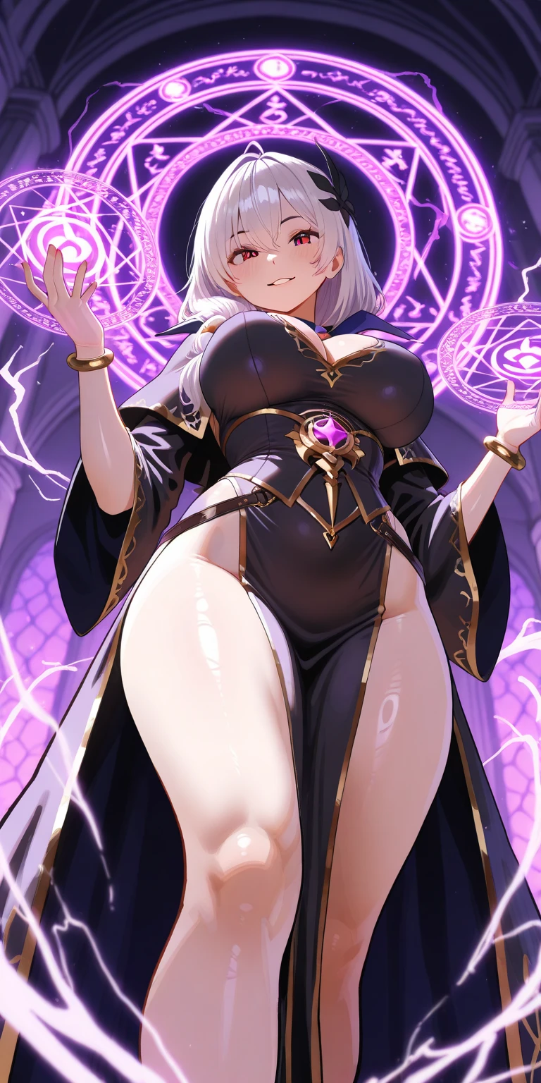 (HD, Sharp, Fractal), One Woman, Super Glossy Skin, Brown Skin, Dark Sorcerer, (crotch tattoo:1.1), Design tights, Evil Smile,