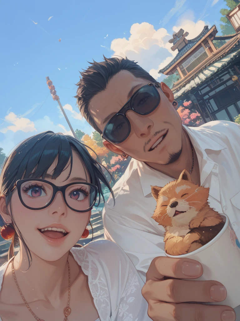 Two Humans。One is an 18-year-old black-clad Japan girl who became a wolf with white rabbit candy in her hands。The other is、50-year-old suspicious man with normal human ears in camouflage suit stares at girl。Full moon night in the background。