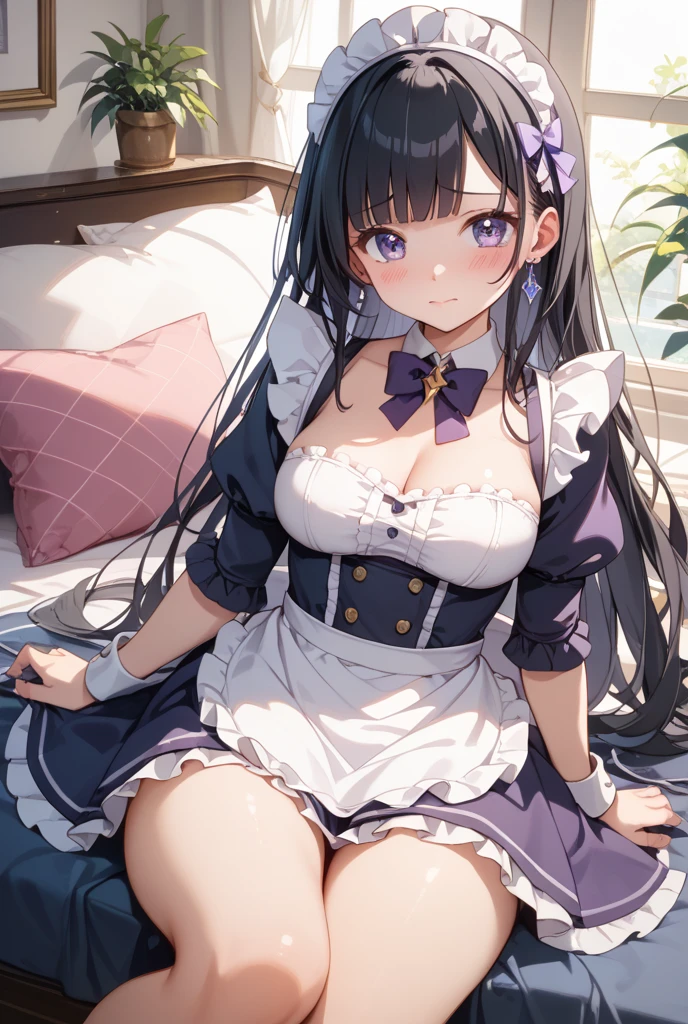 Masterpiece, best quality, super detailed, illustration, (1girl), beautiful detailed eyes, looking at the audience, close up, (breast focus), black hair, shyness, cat ears, white plaid skirt, black stockings, garter belt, blue eyes, thighs