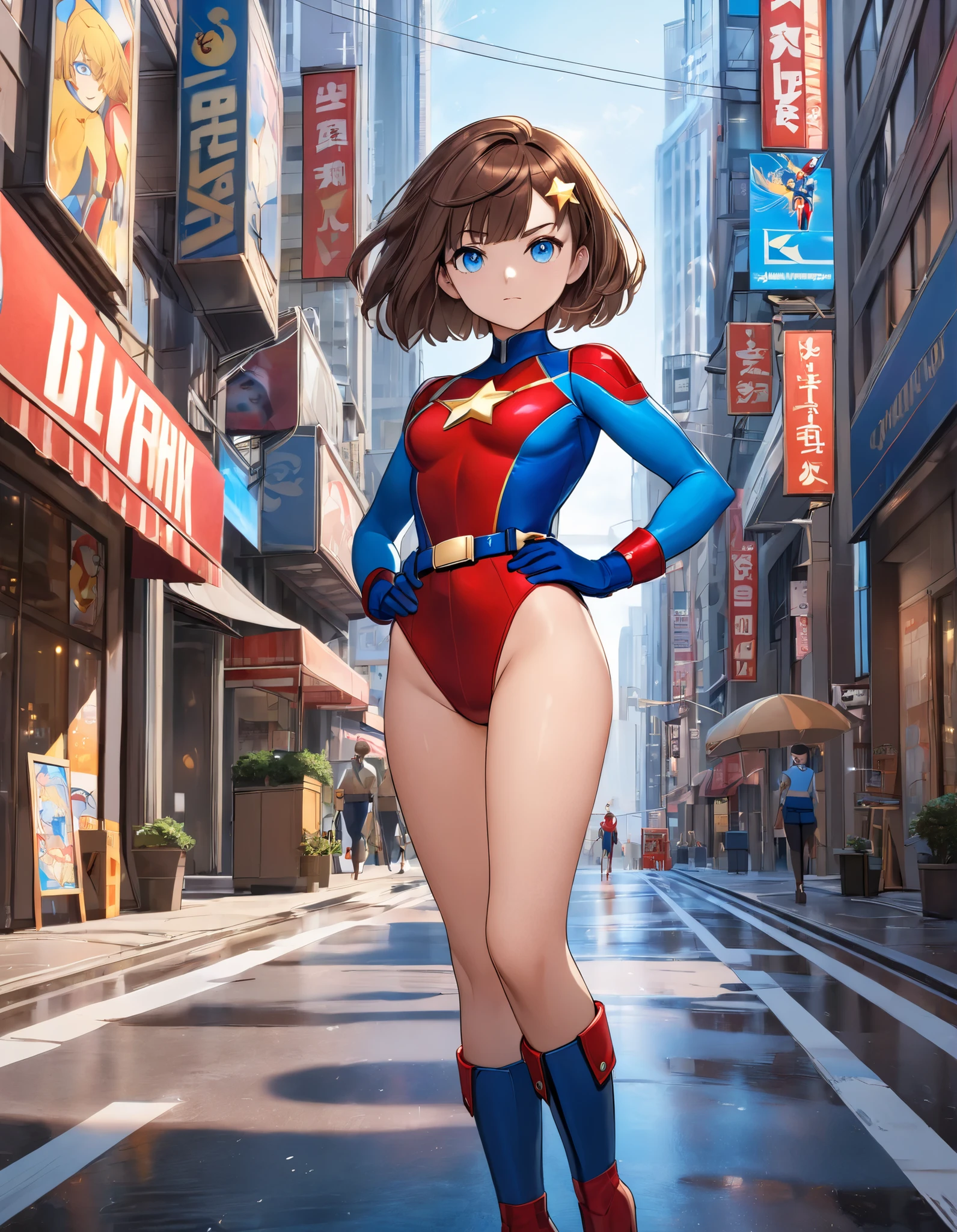 (best quality, masterpiece), 1girl, solo, glitter, leotard, bare legs, particle, superhero, boots, gloves, clenched fists, standing, hands on hip, smile, city backdrop