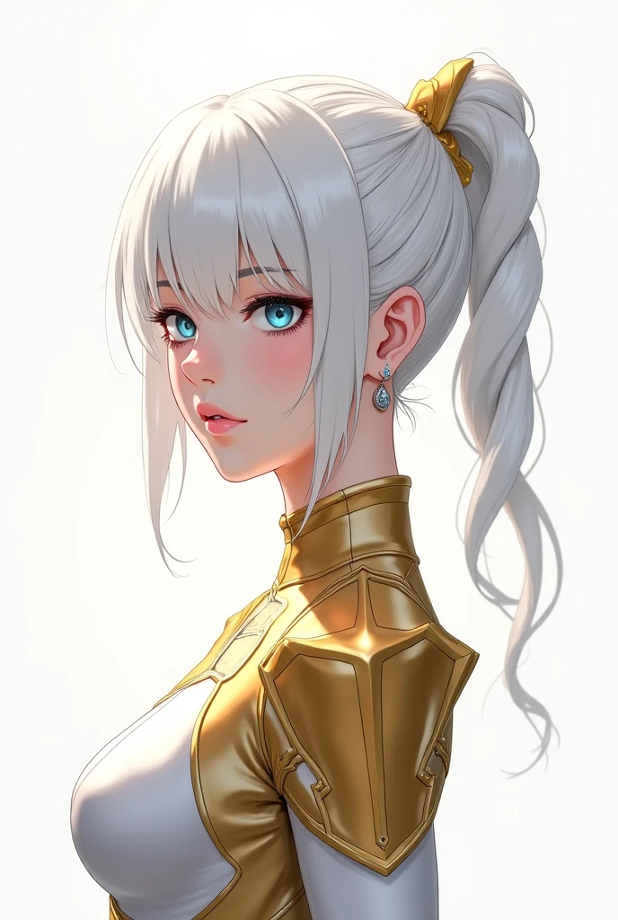 (best quality)), ((Masterpiece)), (details:1.4), 3d, HDR (high dynamic range), an image of a beautiful cyberpunk female, Blonde hair, High Ponytails, Sleek Style, Red eyes, hips up, จมูกโด่ง, ปากแดง, หน้าอกใหญ่, nvidia RTX, PBR surface, After processing, Anisotropic filtration,depth of field, Maximum clarity and clarity, multi-layered surface, Subsurface scattering, perfect proportions, 8K raw files, ultra detailed, Perfect proportions, volumetric lighting, soft lighting, Holy Paladin, Heavy Armor, glossy skin, intricate silver embroidery, gorgeous, intricate grey background, strong back lighting, jewely, ต่างหู, นิ้วมือสมบูรณ์, กระโปรงสั้น