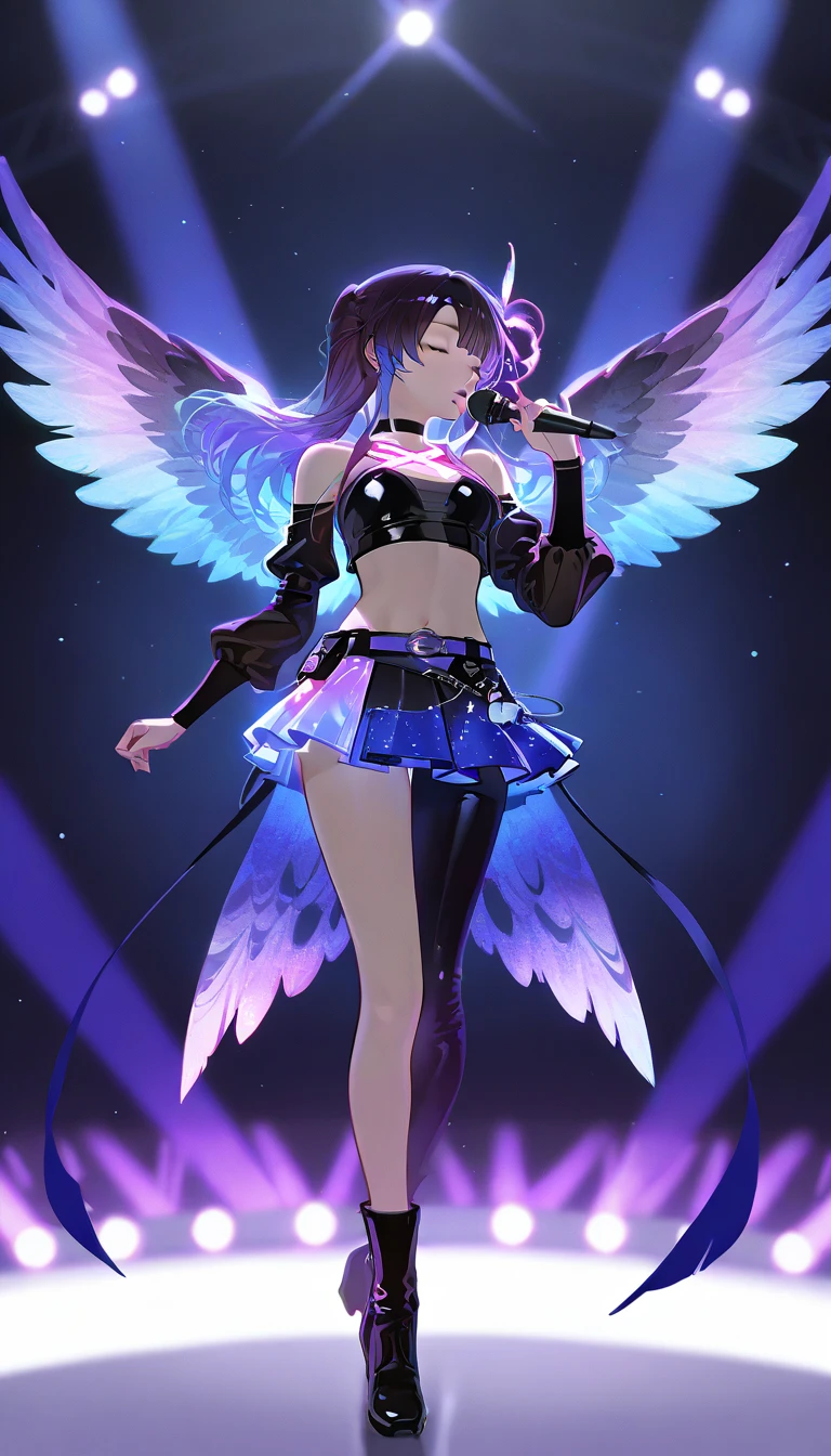A beautiful harpy girl with short and blue hair, yellow eyes, and a gentle smile. She is singing and is wearing a punk outift.