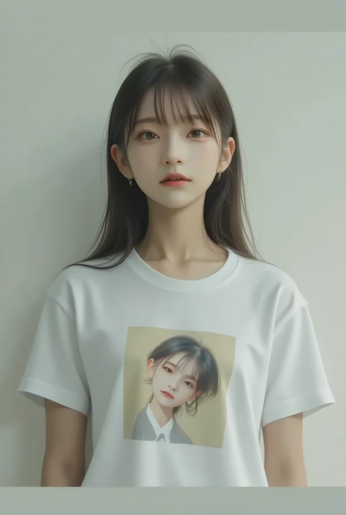 photorealistic, highres, best quality, masterpiece, upscaled, 8k, 1girl, black long wavy hair on white ponytail, snow skin korean, very young, heterochromia eyes, mole below one eye, thick eyebrows, freckles, black choker, tshirt, panty, small waist, thick thighs, thigh gap, inside closet, standing