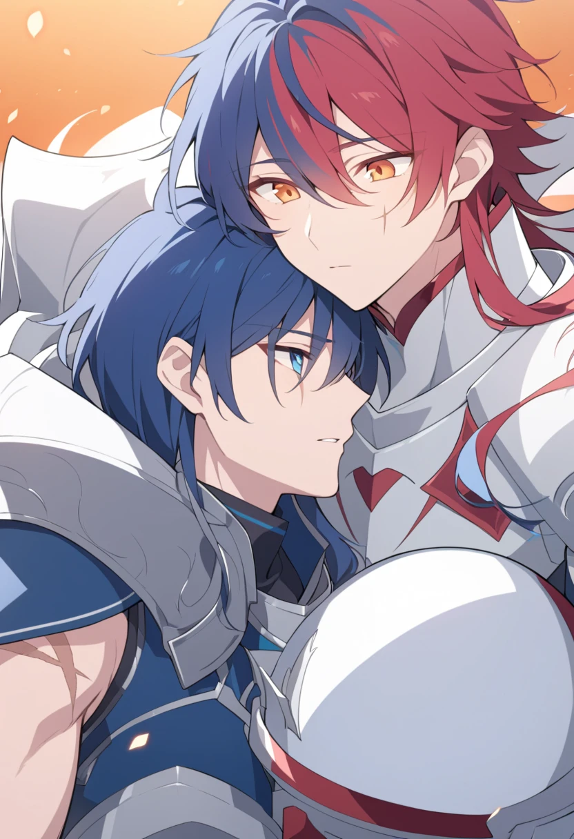 Ultra detailed, highres, absurdres, HDR, master piece, Subaki, red hair, expressive red eyes, male Corrin, white hair, expressive red eyes, white fantasy clothes, Fire Emblem Fates, fantasy, petals, blue butterflies, blue flowers, water, two sexy man together, gay couple, love, magic, best quality, extremely detailed face and eyes, handsome, toned chest, yaoi