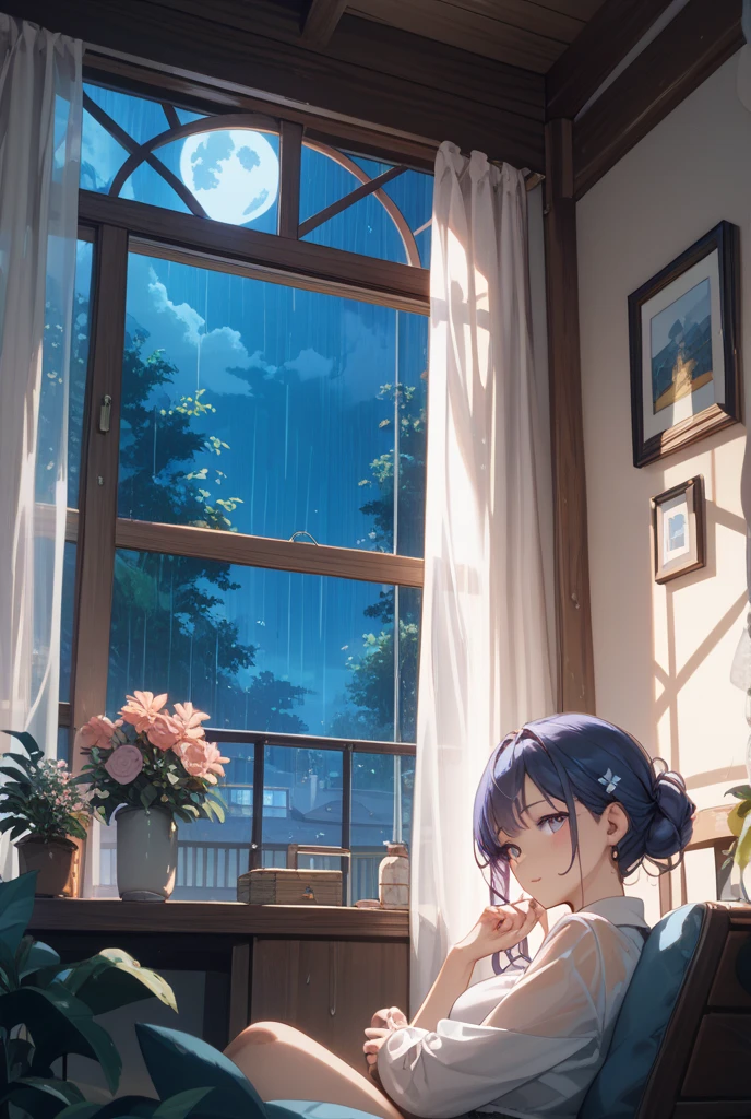 Anime girl holding yellow handkerchief on balcony, blurry and dreamy illustration, rainy afternoon, dream illustration, rainy day, when it rains, rainy outside, rainy day, rainy day, rainy day, mood painting, rainy day, cloudy day, rainy day outside, rainy day, gloomy atmosphere, rainy outside the window, rainy mood, balcony scene