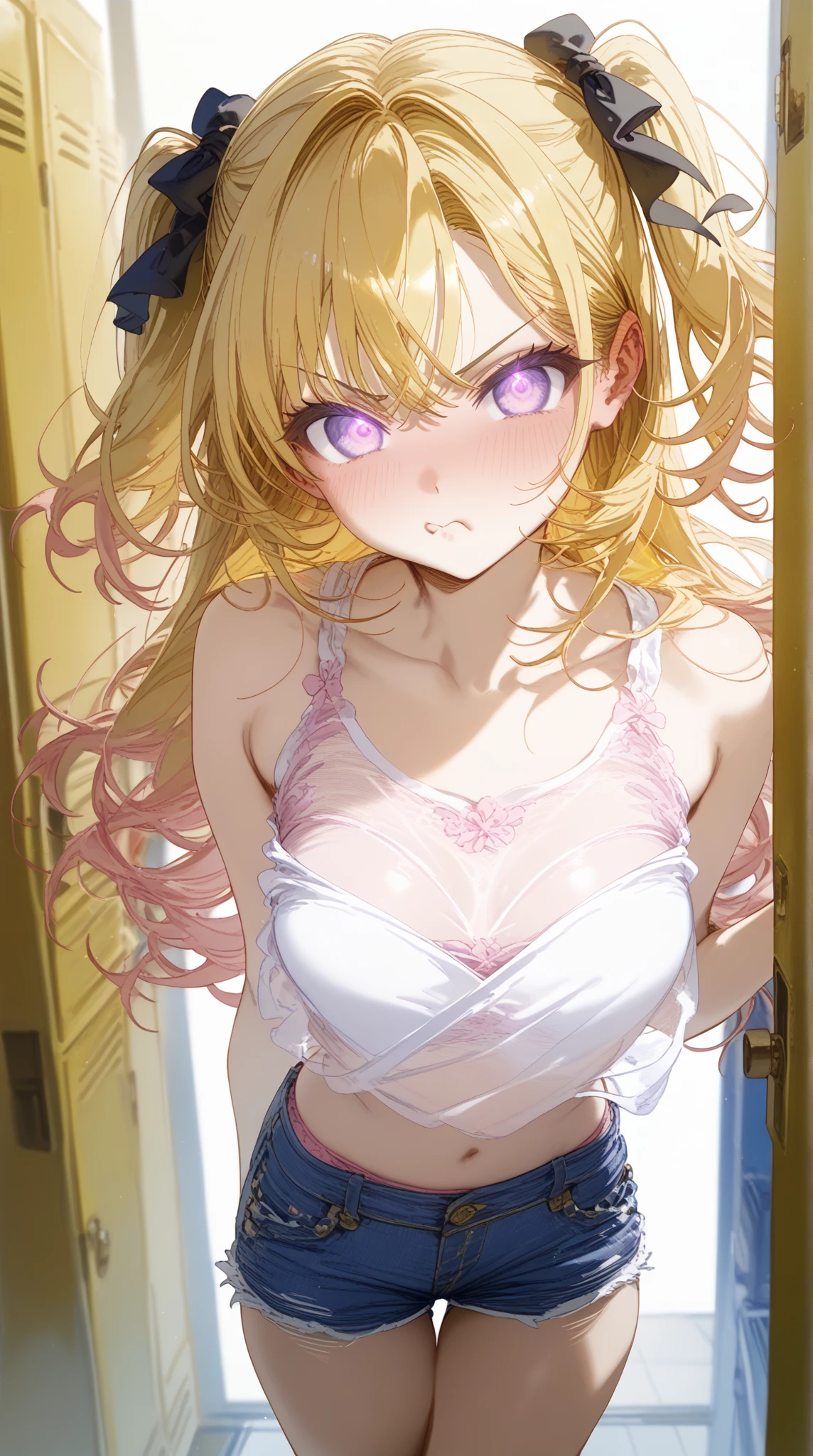 (masterpiece, best quality:1.2), highres, game cg, extremely detailed CG, 4k, 8k, 1girl, solo, seductive smile, parted lips,
astrn_V1, blonde hair, long hair, wavy hair, hair between eyes, purple eyes, pink hair ribbon, bow hairband,
mature female, dark-skinned female, gyaru,
white shirt, off-shoulders shirt, long sleeves, bra strap,
standing, arms at sides,
upper body, looking at viewer,
<lora:add_detail_CyberAlchemist:0.4>, <lora:astrnV1_1-000009:0.85>