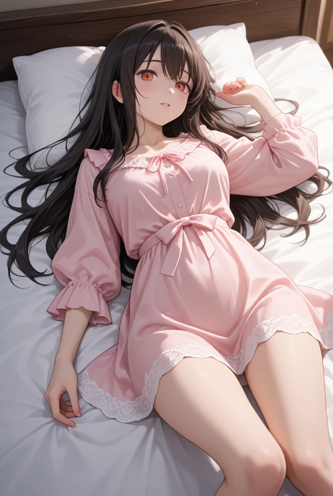 Sleeping Girl, 18 years old, Realistic, Wearing silk panties and silk nightgown, Open legs, Expressions of satisfaction and relief, Brown hair. Pink bed theme and some cute stuffed animals on the bed,An ultra-high picture quality,high-detail,Awaken,