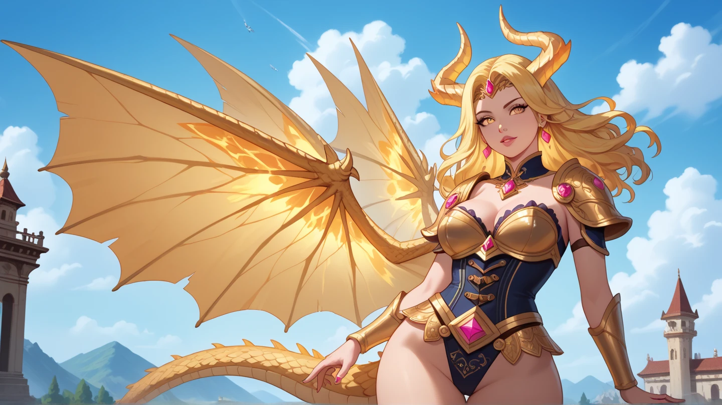 golden dragon goddess with wings, blondie hair, perfect hands, golden shine, fictional figure body hands on waist