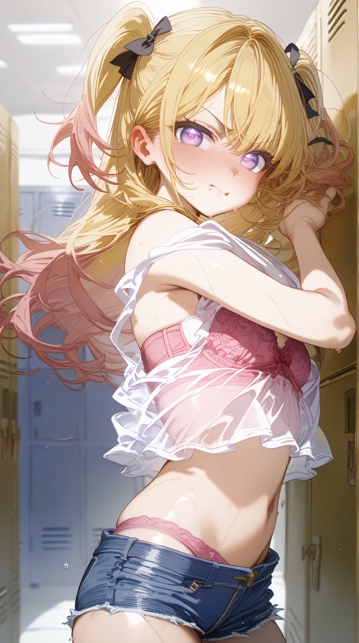 Anime girl in white bikini and pink jacket,(White jacket), (Light Pink)Tank top, (Pink Thong)(High leg)(High Cut), Erect nipples, Slim and narrow waist, belly button, Small hips, Only the waist, (partially exposed)vulva, (Blonde)bread(Twin tails), White ribbon, Dark Eyes, blue eyes, sunny, (Crotch wedge)Camel Toe