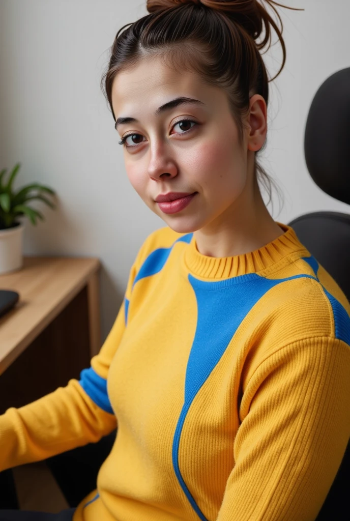 Create a captivating story or description inspired by this photo of a busty smiling Yupik woman with brown messy hairbun, cleavage and subtle freckles and gray-brown eyes. She gazes innocently from the side towards the camera, sitting in a cozy gaming room at a desktop computer, hair bangs forehead fringe and a a wooly knitted full  with yellow/blue pop-art print, very detailed, atmospheric haze, Film grain, cinematic film still, shallow depth of field, highly detailed, high budget, cinemascope, moody, epic, OverallDetail, gorgeous, 2000s vintage RAW photo, photorealistic, candid camera, color graded cinematic, eye catchlights, atmospheric lighting, skin pores, imperfections, natural, shallow dof
