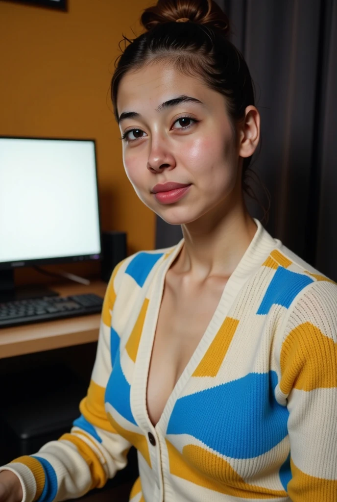 Create a captivating story or description inspired by this photo of a busty smiling Yupik woman with brown messy hairbun, cleavage and subtle freckles and gray-brown eyes. She gazes innocently from the side towards the camera, sitting in a cozy gaming room at a desktop computer, hair bangs forehead fringe and a a wooly knitted full  with yellow/blue pop-art print, very detailed, atmospheric haze, Film grain, cinematic film still, shallow depth of field, highly detailed, high budget, cinemascope, moody, epic, OverallDetail, gorgeous, 2000s vintage RAW photo, photorealistic, candid camera, color graded cinematic, eye catchlights, atmospheric lighting, skin pores, imperfections, natural, shallow dof
