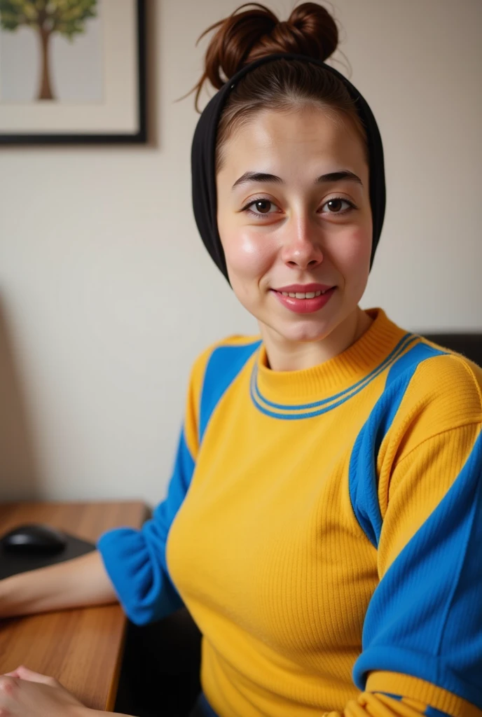 Create a captivating story or description inspired by this photo of a busty smiling Yupik woman with brown messy hairbun, cleavage and subtle freckles and gray-brown eyes. She gazes innocently from the side towards the camera, sitting in a cozy gaming room at a desktop computer, hair bangs forehead fringe and a a wooly knitted full  with yellow/blue pop-art print, very detailed, atmospheric haze, Film grain, cinematic film still, shallow depth of field, highly detailed, high budget, cinemascope, moody, epic, OverallDetail, gorgeous, 2000s vintage RAW photo, photorealistic, candid camera, color graded cinematic, eye catchlights, atmospheric lighting, skin pores, imperfections, natural, shallow dof
