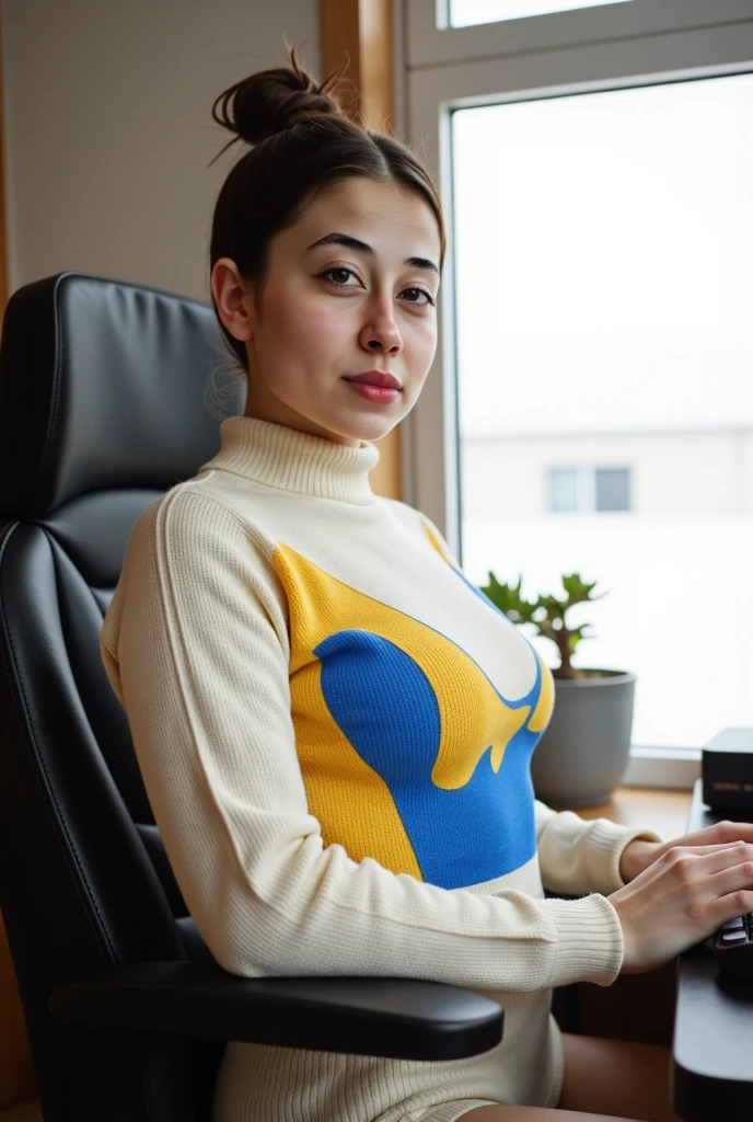 Create a captivating story or description inspired by this photo of a busty smiling Yupik woman with brown messy hairbun, cleavage and subtle freckles and gray-brown eyes. She gazes innocently from the side towards the camera, sitting in a cozy gaming room at a desktop computer, hair bangs forehead fringe and a a wooly knitted full  with yellow/blue pop-art print, very detailed, atmospheric haze, Film grain, cinematic film still, shallow depth of field, highly detailed, high budget, cinemascope, moody, epic, OverallDetail, gorgeous, 2000s vintage RAW photo, photorealistic, candid camera, color graded cinematic, eye catchlights, atmospheric lighting, skin pores, imperfections, natural, shallow dof
