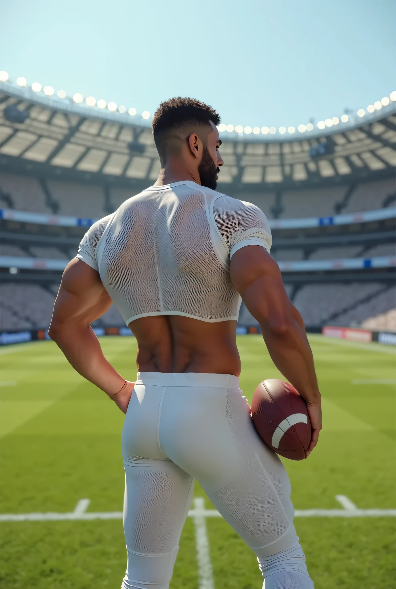Brown man of Latin appearance with a slim and defined body wearing spandex lycra without a shirt in pastel light blue tones with white and a white sports visor with marked pectorals marked abdomen large legs large bulge and sweaty skin in an athletics stadium