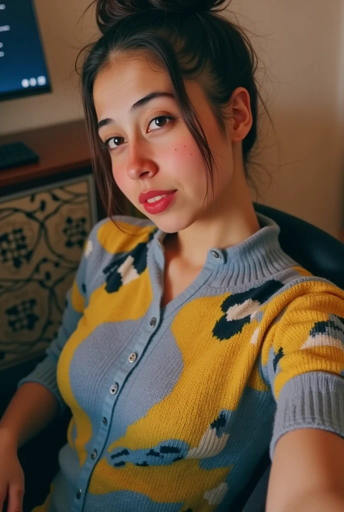 Create a captivating story or description inspired by this photo of a busty smiling Yupik woman with brown messy hairbun, cleavage and subtle freckles and gray-brown eyes. She gazes innocently from the side towards the camera, sitting in a cozy gaming room at a desktop computer, hair bangs forehead fringe and a a wooly knitted full  with yellow/blue pop-art print, very detailed, atmospheric haze, Film grain, cinematic film still, shallow depth of field, highly detailed, high budget, cinemascope, moody, epic, OverallDetail, gorgeous, 2000s vintage RAW photo, photorealistic, candid camera, color graded cinematic, eye catchlights, atmospheric lighting, skin pores, imperfections, natural, shallow dof
