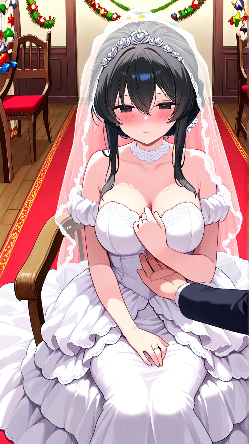 asagi, (Gorgeous white wedding dress:1.2),,miniskirt,Gorgeous tiara,long wedding veil,long hair,ponytail, blue hair, hair between eyes, sidelocks, purple eyes, looking at viewer, church,(highres, high quality:1.1), intricate details, cinematic lighting, 1girl,(angry,red blush),show off pussy,(nties:1.2),, from below
