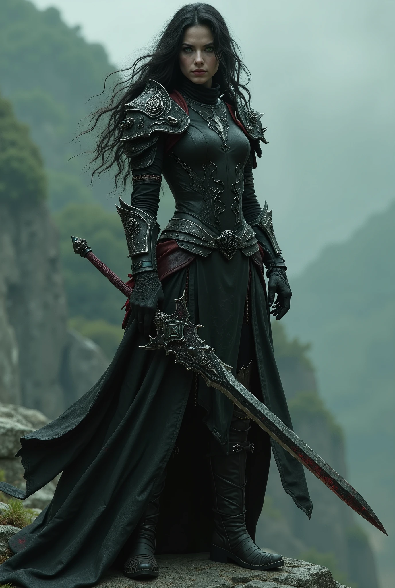 Lory, in battle gear, is a vision as imposing as it is mesmerizing — a shadow warrior shrouded in mystery and lethality. Her black hair continues to fall in wild waves over the shoulders, partially attached by a black silver fastener carved with forgotten runes, allowing her face to be free, revealing her intense green eyes - like dark forests or red like living embers, depending on the moment . The sparkle in her eyes remains unshaken, now even more intense, as if each combat nourished its essence. She wears light armor, made of dark leather stiffened with black metal plates like obsidian. The shoulder pads are sharp, with silver details that resemble bat wings or thorns of poisonous roses. The armor molds to her slender body, designed to guarantee freedom of movement without sacrificing protection. Over the chest , the ancient symbol of a black rose entwined by snakes can be seen, embroidered with dark threads of cursed silver. Lory wears a short cover, of a thick fabric that seems to absorb light, attached by an onyx brooch in the shape of a waning moon. Tight gloves cover your hands up to the forearms, reinforced with dark leather and small decorative thorns, like claws in disguise. Suas botas, with a high top and a firm heel, is silent to the touch on the ground - perfect for a female hunter night. In your hand, Lory wields a sword with a long blade, forged in enchanted black metal, that emanates a subtle and threatening glow. The sword guard has the shape of open wings, and the fist is wrapped in dark red leather, stained by the weather and blood of former enemies. The blade itself seems to vibrate slightly when in combat, as she thirsts for more. Nessa forma, Lory from just an enigmatic vampire — she becomes the very incarnation of the silent war, an immortal warrior forged in the dark and molded to overcome with lethal grace. She's standing on a rock.