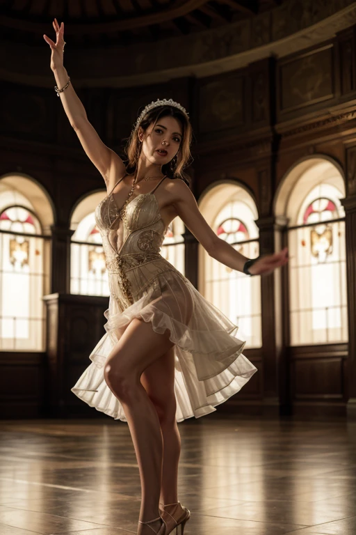 A beautiful, sensual ballerina, elegant and graceful, (best quality,4k,8k,highres,masterpiece:1.2),ultra-detailed,(realistic,photorealistic,photo-realistic:1.37),delicate facial features, intense gaze, lush eyelashes, full lips, arched eyebrows, flowing hair, (intricate ballet costume:1.2), detailed tutu, satin pointe shoes, stage lighting, dramatic chiaroscuro lighting, dramatic shadows, cinematic composition, moody atmosphere, vibrant colors, (sensual,alluring:1.3)