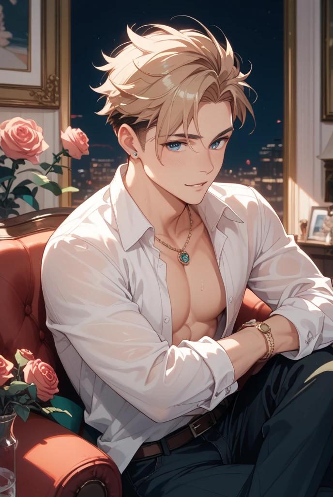 A young man, naughty man, 20 year, offwhite, Parisian, grayish green eyes, dark blonde hair, medium short cut, Unclothed, com um buque de lirios offwhites cobrindo o penis, with an embarrassed smile, on the bed, in a low light room, the night, with blinkers, and with trees in the window showing the Eiffel Tower in the background, in hentai-cartoon-realistic style