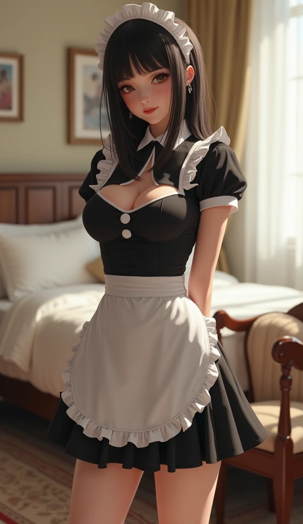 In the heart of a bustling cafe, a captivating French maid, exuding an irresistible allure, takes center stage. The photorealistic image presents every detail of her seductive attire, from the crisp, high-collar blouse and the tight corset, to the frilled apron and the iconic hat adorned with a feather. Her figure is accentuated by the emphasis on her hourglass figure, with upturned breasts and a cinched waist. The image is rendered in 8K resolution, capturing the intricate lace patterns and the sheen of her polished black boots. Detailed eyes with thick, false lashes, accent