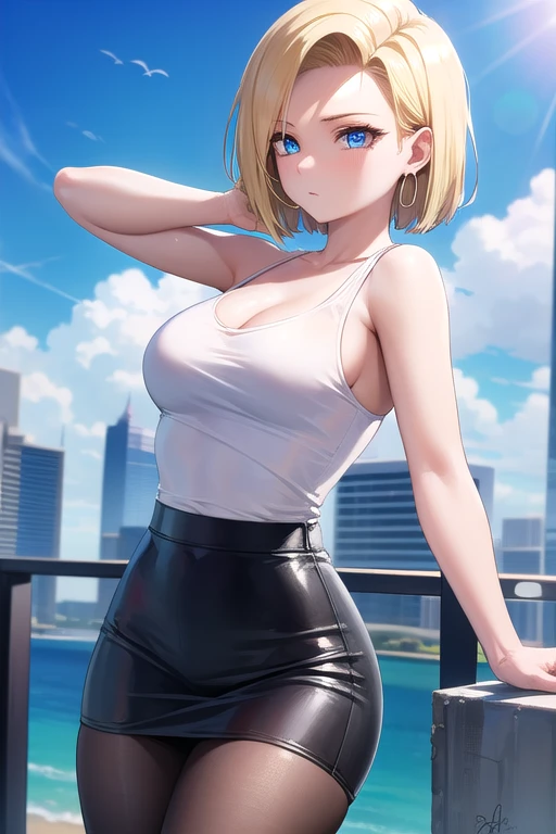1 female. Half body shot. 22 years in age. 5'4. Slim thick, huge covered perky tits, tight tank top and jacket, short messy boy hair, blonde hair, collar around her neck, apartment balcony, golden hour, submissive, gentle smile with mischievous look in eyes, look up at me. . Extremely thicc, tomboy