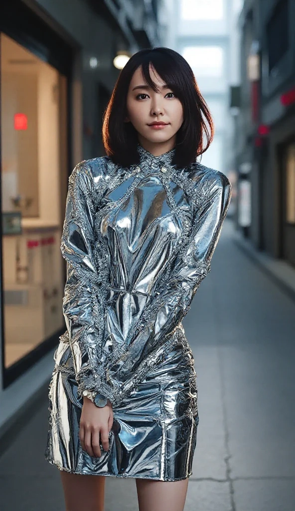 "A stylish woman with short, curly hair, wearing a futuristic silver jumpsuit. She is standing on a neon-lit rooftop in a bustling cityscape at night, with bright, colorful lights and towering skyscrapers in the background. The scene is vibrant and dynamic, with a focus on the city’s energy and modern fashion.