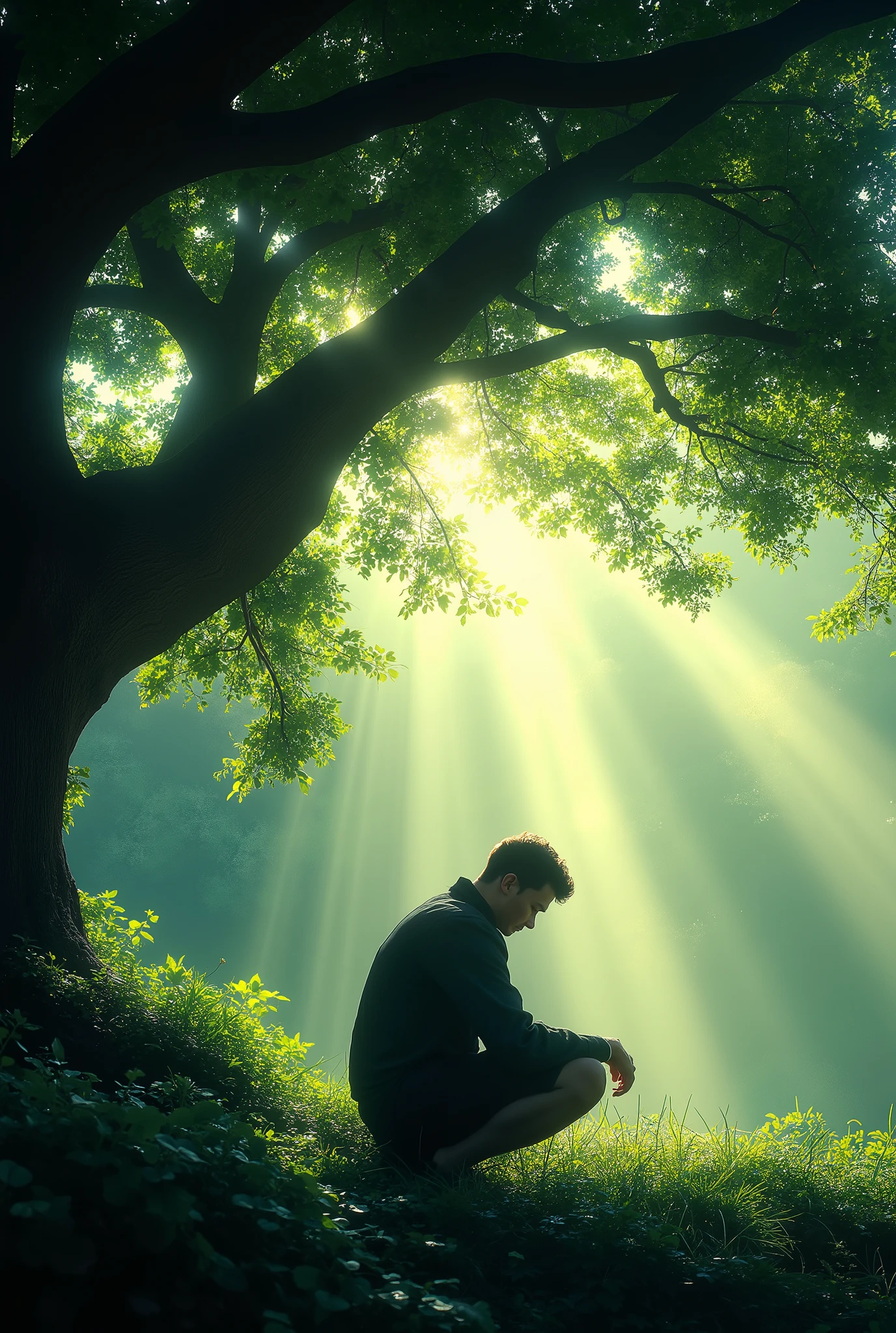 Un homme accroupi à l'ombre d'un arbre.des rayons de soleil passent à travers les branches.tres realiste comme une photo . rayons de soleil très très visiblent