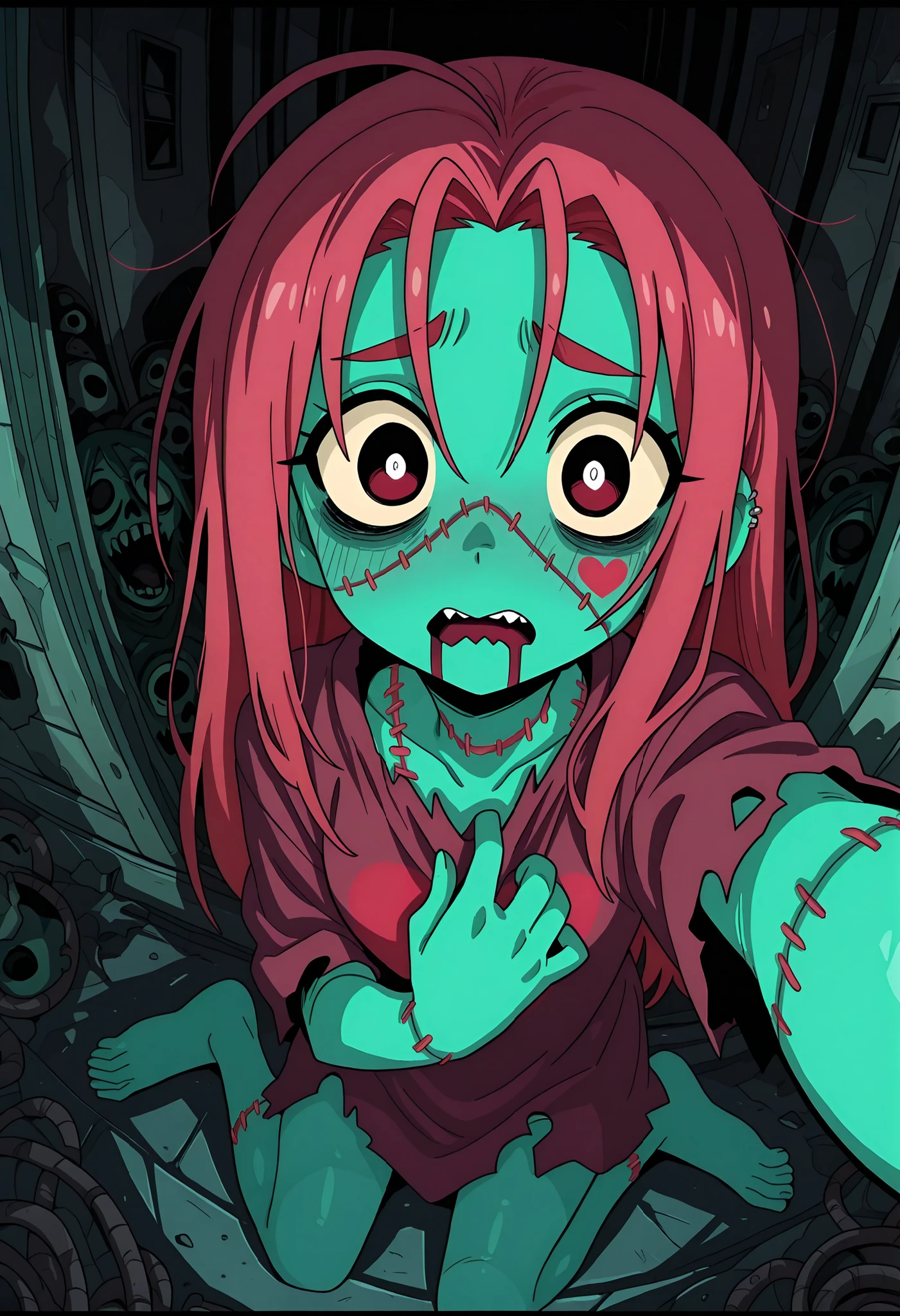 masterpiece, best quality, amazing quality, Anime Screencap. BREAK. 1girl, zombie, green_skin, neck_stitch, body_stitches, heart_tattoo, embarrassed_expression, barefoot, torn_mouth, jaw_exposed, torn_clothes, modest_clothing, high_angle, selfie, close-up, face_focus, upper_body, horror_theme, muted_colors, eerie, detailed_background, dark_fantasy, soft_lighting, subtle_shadows