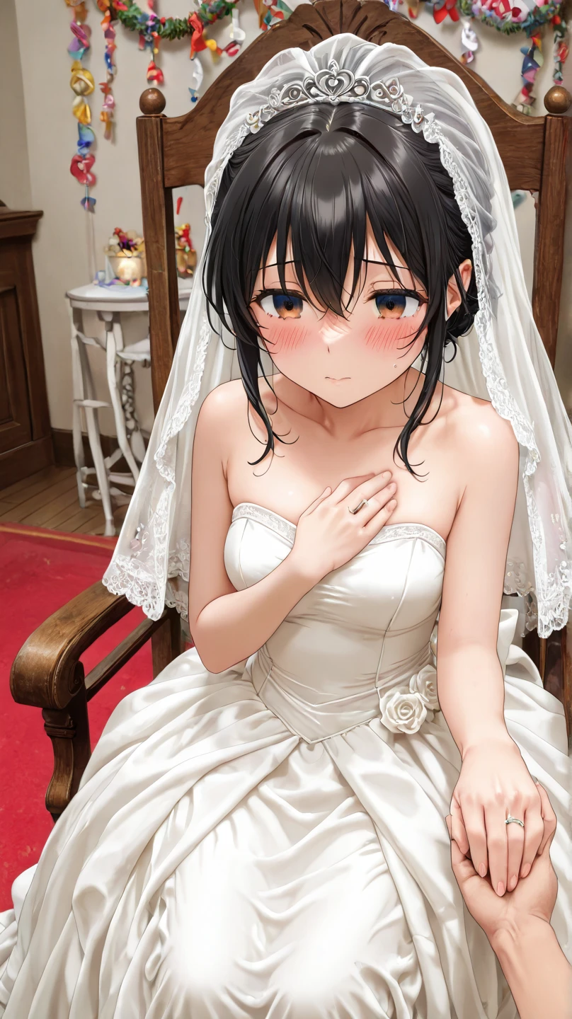 nsfw,uncensored,(super fine illustration,8K CG wallpaper,best quality,extremely detailed,ultra high res,best aesthetic),(cowboy shot,from front),1girl ,idolmaster, ((yukimi sajou)), (,beautiful girl),((((beautiful dark orange eyes)))),(((beautiful dark blue hair))), (((midium straight hair)))),(((Blunt bangs))),(wet skin),(sweat),(steam),((flat chests,very small breasts)),((mini)),(petit)),(gorgeous wedding dress:1.5),(wedding veil, white corset, white lace legwear, nipple, white wedding grove:1.3), ,(open clothes),(wet clothes),(first round),half-closed eyes, orgasm face, O-face, blush cheeks, arched back, (vaginal penis:1.2), (a Faceless male), ,(((carrying sex))),hetero, man in below, (intense Sex:1.7), (cum out:1.2),(red carpet),(((multiple boys, peeing on a girl,multiple penises, gangbang, holding penis))),((ecstasy torogao, saliva trail, nose blush,one eye closed,out tongue)),cleavage of the breast,happy,((smile:1.9),((cum on body:1.9)),((cum on face:1.9)),((cum on hair:1.9)),(Bukkake, cum in mouths:1.3),(vulgarity),((wedding chapel:1.5)), (indoor, church, many stained glass window),look at viewer,