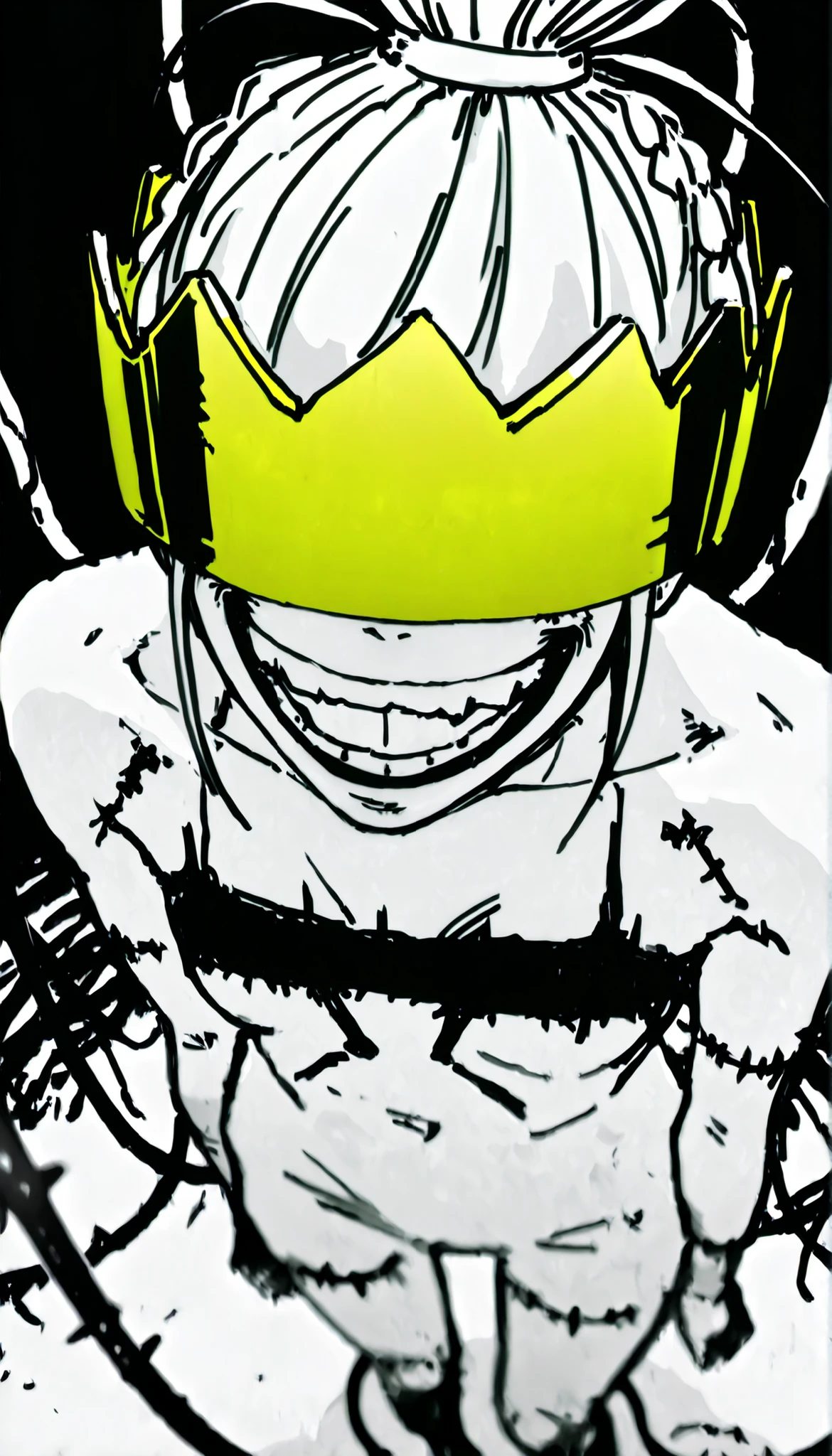 depth of field, high definition image,a lot of details,unstable line,half white half black background,contrast,a girl ,slim body,stitched steel cables,from above,crown over the eyes,crazy smile, uncontrolled laugh,golden crown on the background, monochrome,grayscale,messy line art