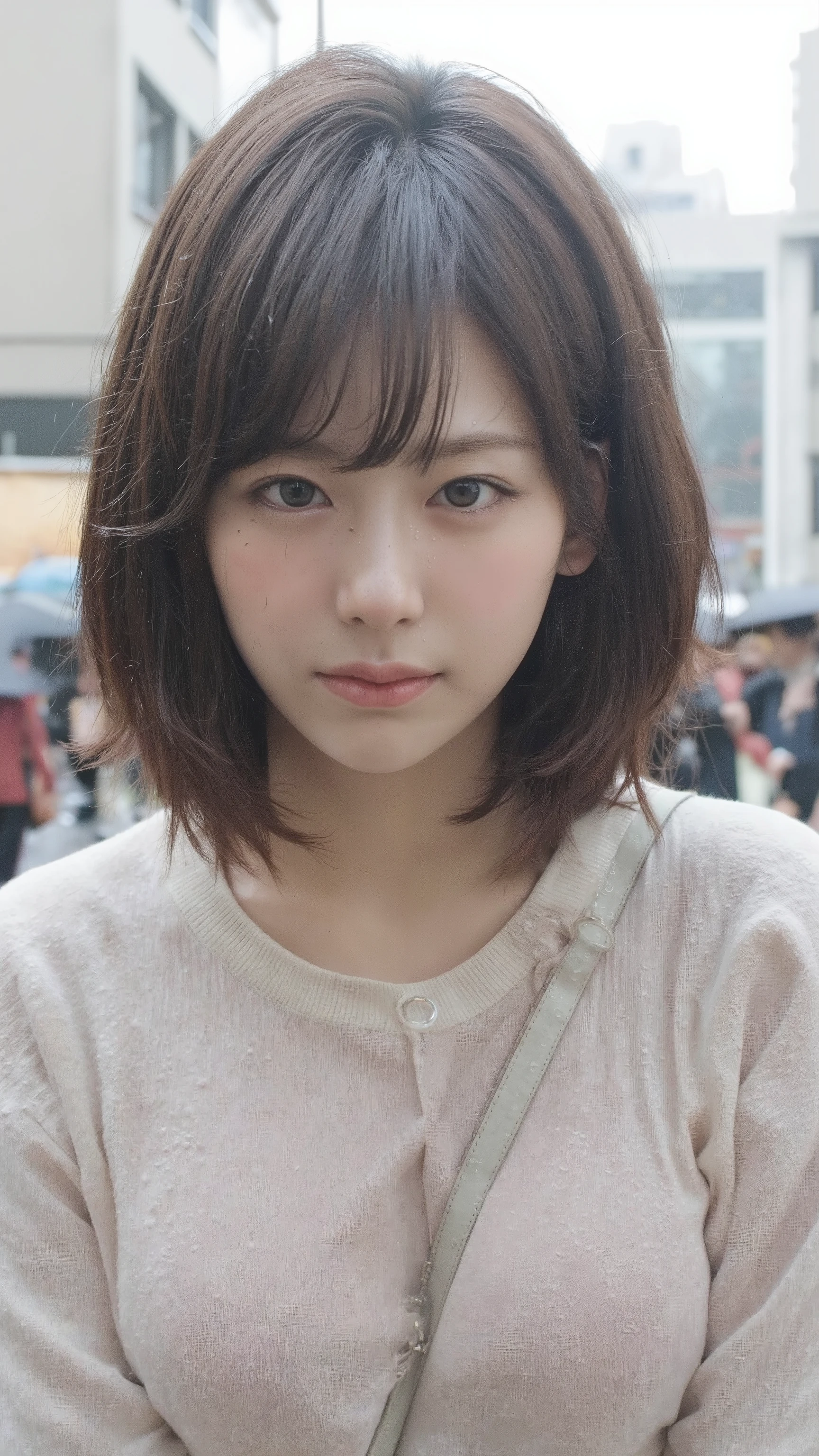 A photorealistic, ultra-high-quality image of a young woman standing still in the middle of a gloomy, rainy Tokyo intersection. The sky is overcast and the entire scene is soaked in a cold, gray atmosphere. Crowds of people with umbrellas pass by, completely ignoring her presence. She stands alone in the pouring rain, without an umbrella, completely drenched. Her thin white T-shirt clings to her skin, partially translucent from the rain, and her shorts and sandals are soaked through. Water drips from her short, wet hair, which sticks to her face and neck. She looks downward with her head slightly tilted, but her sharp, piercing eyes stare directly at the viewer with an intense, defiant gaze. The heavy rain blurs the background slightly, adding to the feeling of isolation. The mood is somber and oppressive, filled with a sense of sadness and quiet strength. The composition is front-facing, capturing every wet detail and the emotional weight of the moment.、A light pink bra is visible underneath the T-shirt.、Tシャツはクロップド丈、カバンのストラップが胸の間を通る