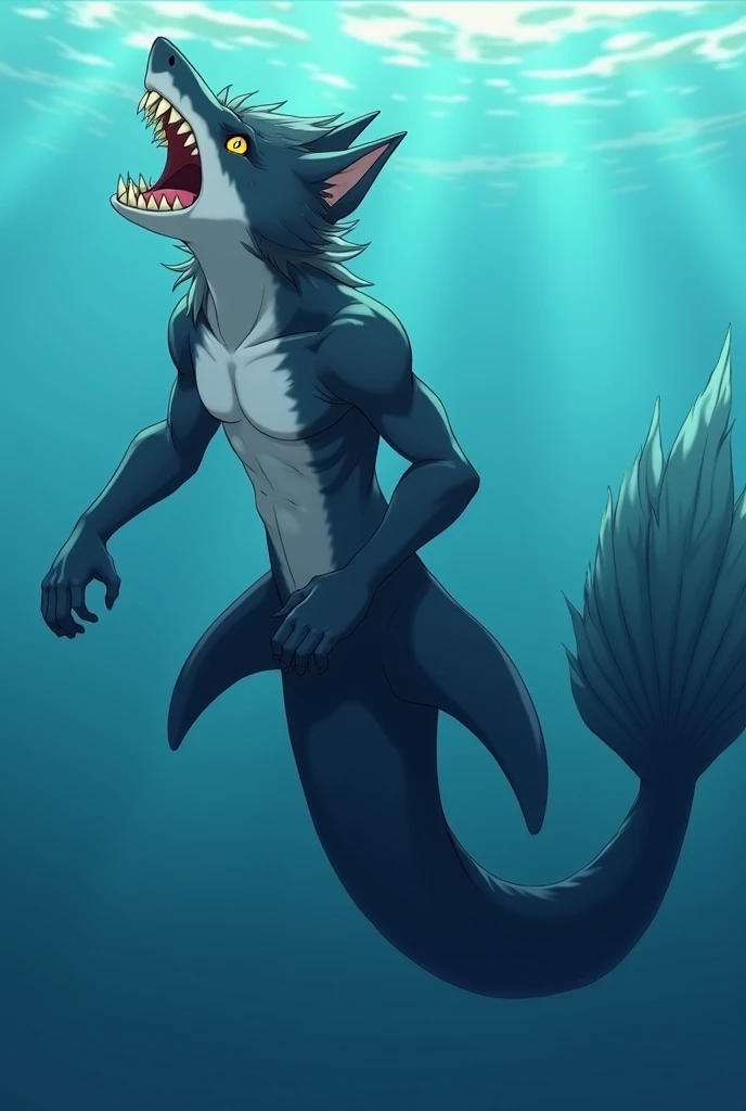 young woman, transformed, shark, wild, erotic, aroused, antromorph, sexly, Nude, Long hair, naked, fins, Dandruff, black eyes, Sharp teeth, germs