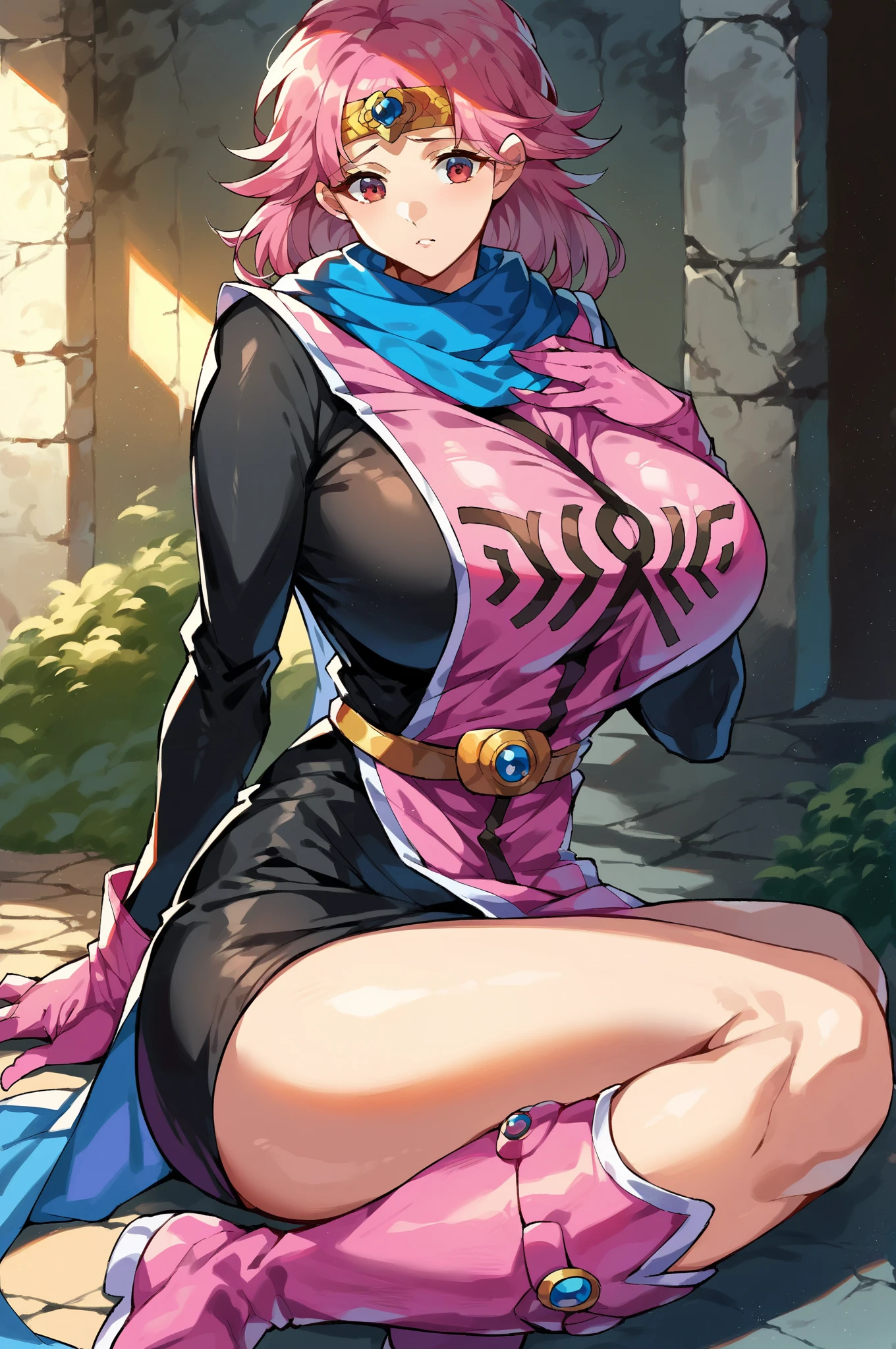 ((masterpiece)),((best quality)),ultra-detailed,illustratio,Explicit,Beautiful body,Beautiful Nose,Beautiful character design,perfect eyes,perfect face,wallpaper,ultra highres,4K,photography,(Beautiful, large breasts:1.2),(beautiful face:1.2),(beautiful ,wide hip:1.2),anime screencap,official style,shiny skin,faint lips,BREAK,priMaam, medium hair, blue scarf, circlet, short dress, pink tabard, black sleeves, belt, gloves, furrowed brow,white panties,BREAK, 1girl,solo,cowboy shot,blush,breath,(glaring:1.4),standing,(open stance :1.4),lift skift by self,show panties,leaning forward,dropping sexual fluids,public hair,pussy juice stain,cameltoe,BREAK,looking through legs,(from forward:1.4),forest