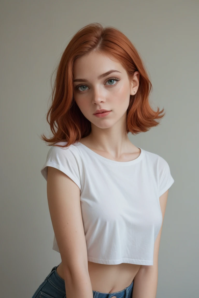Slender ginger Irish woman, wet white tee shirt, strong lighting with shadows, small breasts, 