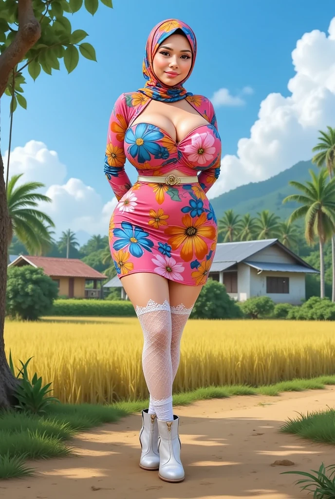 (masterpiece photography of a solo:1.2) (full body) alluring sexy curvy Sundanese Supermodel ((WDR:1.3)) warrier walking in style on Bandung street, curvy, voluptuous, busty, thick, big breast, long breasts, open breasts, sexy, exotics, (wearing Blingy jewel encrusted sexy shirt & embroidered shorts:1.3). hip hop energy, maximalism, (heavily tattooed:1.3), (sundanese makeup & jewelry:1.2) long brown hair with highlights,, vivacious, lustful glance, exhilarated (beautiful detailed eyes:1.1) , (flirty bright smile:1.2), blingy shopping district,(intense dramatic light:1.4), backlit, light rays, highly detailed, trending on artstation, paint splashes, rich colour, dazzling lights all around, (perfect brunette hairstyles), abstract portrait, by Atey Ghailan