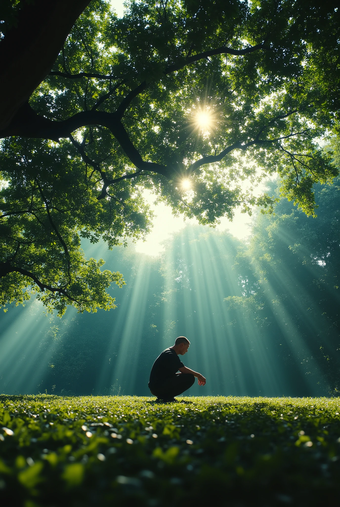Un homme accroupi à l'ombre d'un arbre.des rayons de soleil passent à travers les branches.tres realiste comme une photo . rayons de soleil très très visiblent