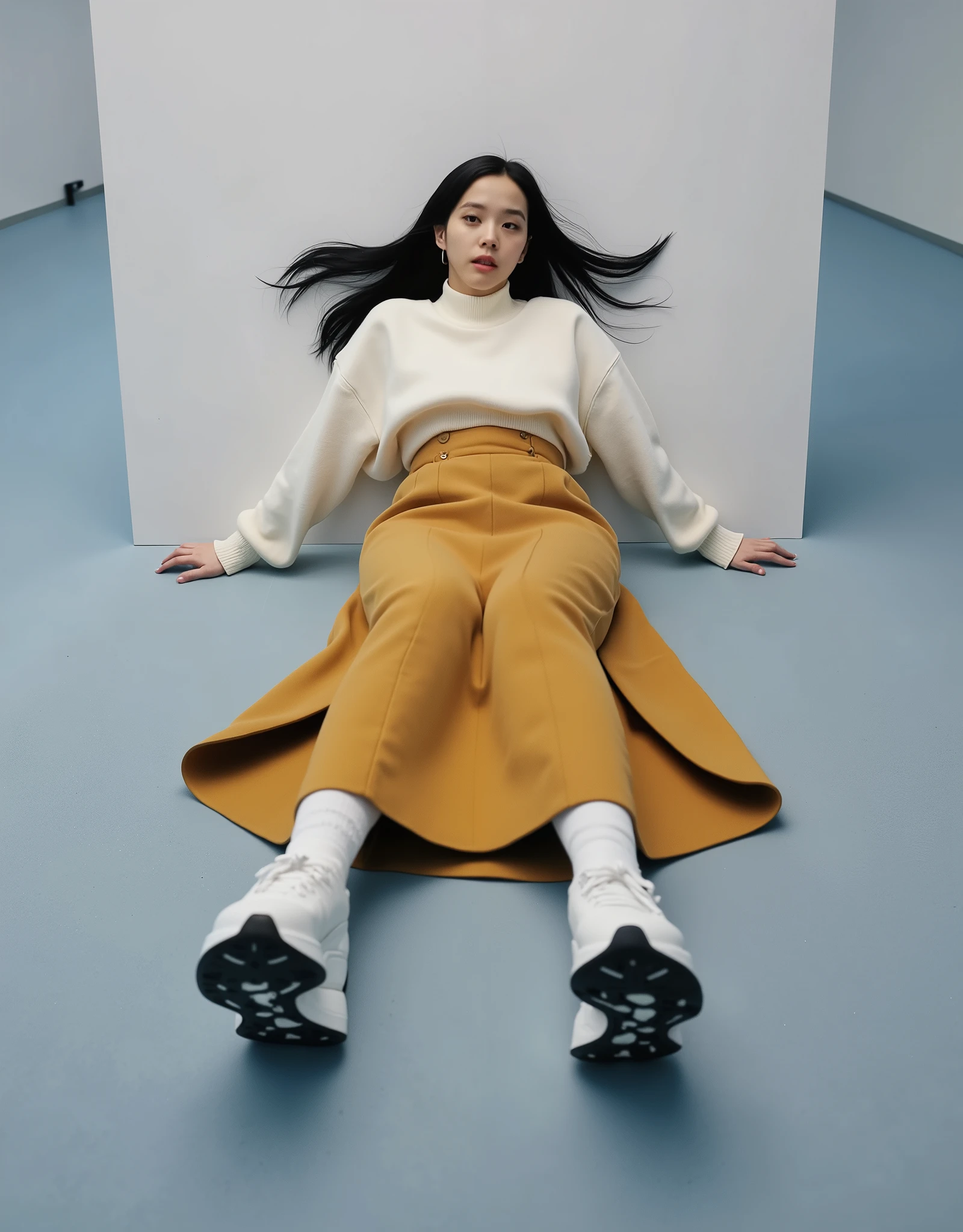 (RAW photo:1.2), (Photorealistic:1.4),Beautiful detailed woman, very detailed eyes and faces, A detailed eye, ultra - detailed,A high resolution, The is very detailed, best quality, real photo, unified,8k wallpaper, best quality, 1 girl, Alone, Autumn and winter outfits, Asian, Japanese, 153cm height girl, The background is blurred out, full body image, curvy girl, Exquisite beautiful face, deep eyes, A beautiful lady, best quality, Full-body portrait of a 25-year-old girl, poker face, no smile, , A beautiful lady, Asian, Japanese, long straight hair, black long straight hair, Low height, poker face, no smile, flat lying on the ground in front white wall in an empty conference room, light blue carpet, Wearing white sweater, Wearing a ginger yellow suede fabric long circle flared skirt midi length, long skirt is covered the legs, white sport shoes, Whole body photo, full body wallpaper, well-lighted, High resolution, sharp photo, best quality, studio well lighted, natural white day light, realistic, up angle camera shot, overlook camera