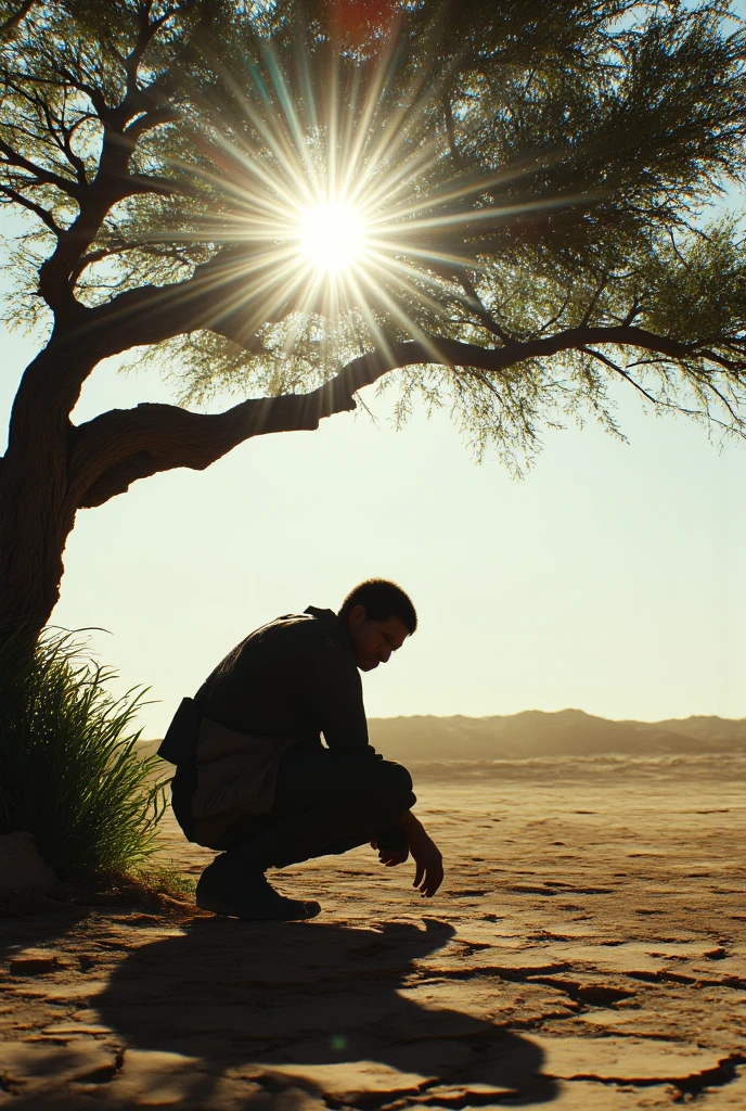 Un homme accroupi à l'ombre d'un arbre.des rayons de soleil passent à travers les branches.tres realiste comme une photo . rayons de soleil très très visiblent