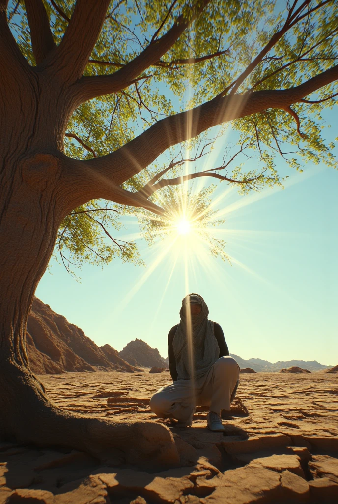 Un homme accroupi à l'ombre d'un arbre.des rayons de soleil passent à travers les branches.tres realiste comme une photo . rayons de soleil très très visiblent