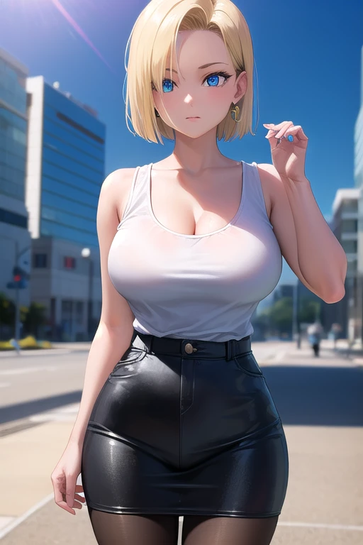 photography of a 20yo woman, perfect face, masterpiece, tube top, loose mini skirt, hyper realistic, hyper anime, wide hips, hip dip, thick thighs, thicc, blonde pixie cut, side bang, ample breast, tomboy,