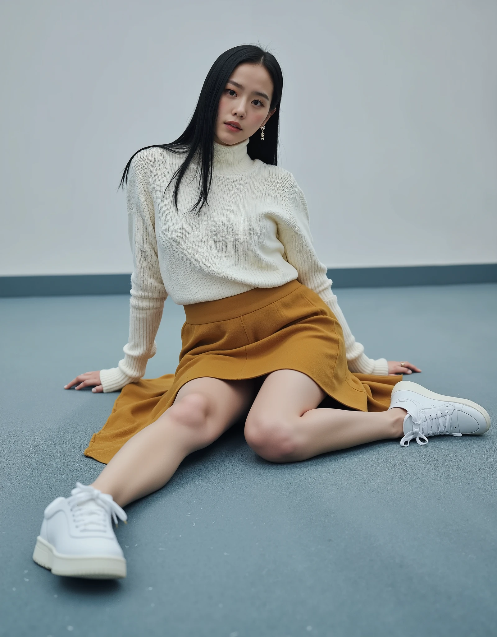 (RAW photo:1.2), (Photorealistic:1.4),Beautiful detailed woman, very detailed eyes and faces, A detailed eye, ultra - detailed,A high resolution, The is very detailed, best quality, real photo, unified,8k wallpaper, best quality, 1 girl, Alone, Autumn and winter outfits, Asian, Japanese, 153cm height girl, The background is blurred out, full body image, curvy girl, Exquisite beautiful face, deep eyes, A beautiful lady, best quality, Full-body portrait of a 25-year-old girl, poker face, no smile, , A beautiful lady, Asian, Japanese, long straight hair, black long straight hair, Low height, poker face, no smile, flat lying on the ground in front white wall in an empty conference room, light blue carpet, Wearing white sweater, Wearing a ginger yellow suede fabric long circle flared skirt midi length, long skirt is covered the legs, white sport shoes, Whole body photo, full body wallpaper, well-lighted, High resolution, sharp photo, best quality, studio well lighted, natural white day light, realistic, up angle camera shot, overlook camera