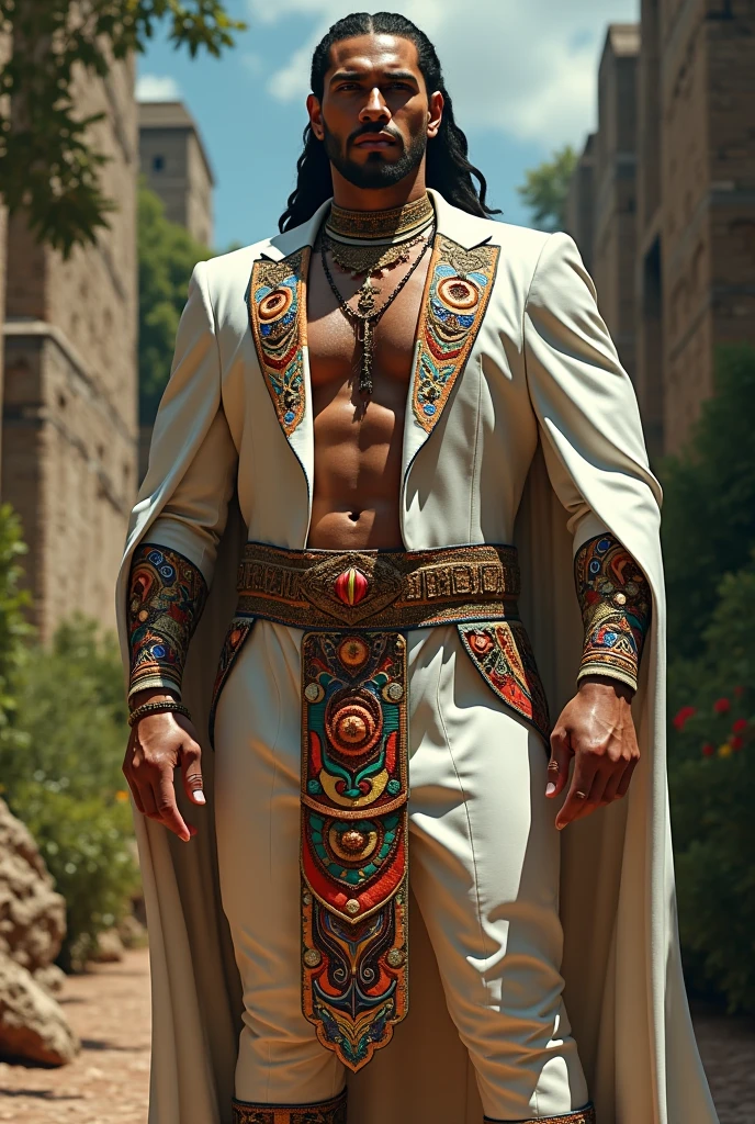 Court Jester, Man, tall with long black hair, with bright makeup, naked to the waist in a long skirt, in the sand palace