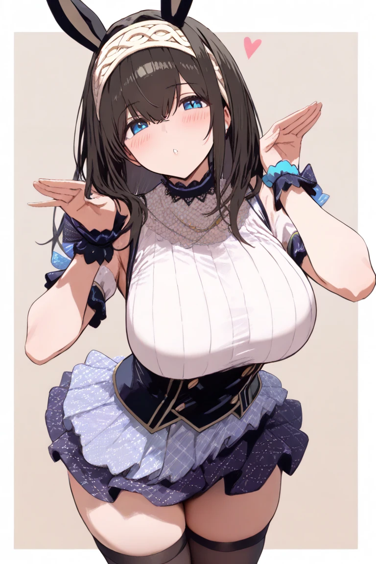 1 Girl,22-year-old girl, Long hair,Brown hair, Inner hair color, Blue Hair, Purple Eyes, Partially fingerless gloves, Thigh straps, Black gloves, Hair accessories, skirt, Bangs, jewelry, pleated skirt, Single leg, black skirt, Ruffles, hairpin, necklace, gradient skirt, belt, sleeveless, Happy,,(pregnant,Huge breasts:1.8)