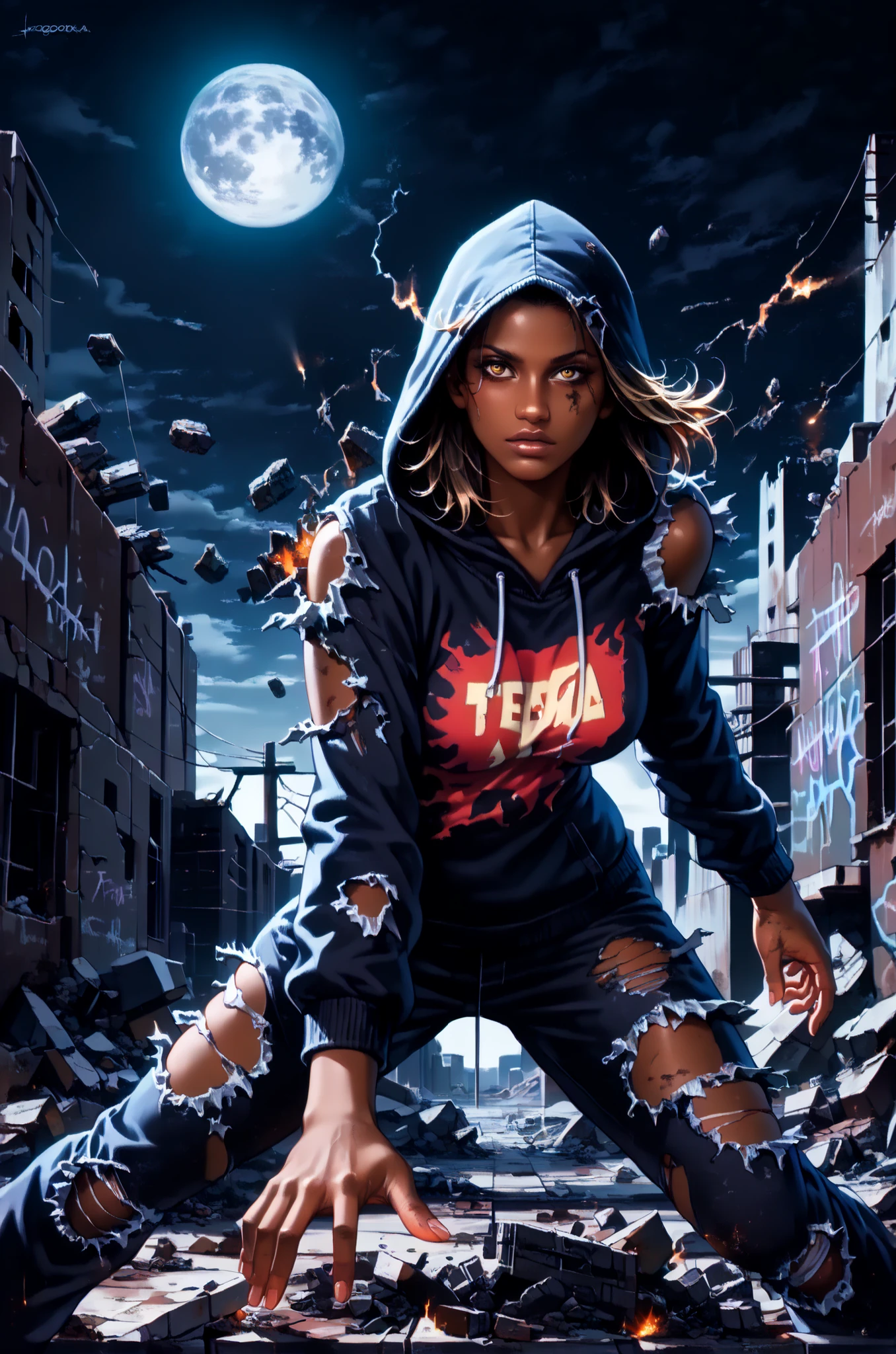 ((Post Apocalyptic Wasteland, abandoned place, debris, destruction, destroyed buildings graffiti on the walls:1.5)), ((1 beautiful dark girl, tattered clothes with hoodies and bazooka in their hand about to throw, dynamic pose, epic:1.6)), ((dark background, full moon night:1.4)), (masterpiece),(better quality:1.4), (Ultra high resolution:1.4), detailed painting, (((dark colors, orange, green, yellow, intricate:1.5) ), (( Post Apocalyptic:1.4 )), (( better quality, vibrant, 32k, well-defined lights and shadows without text:1.3).