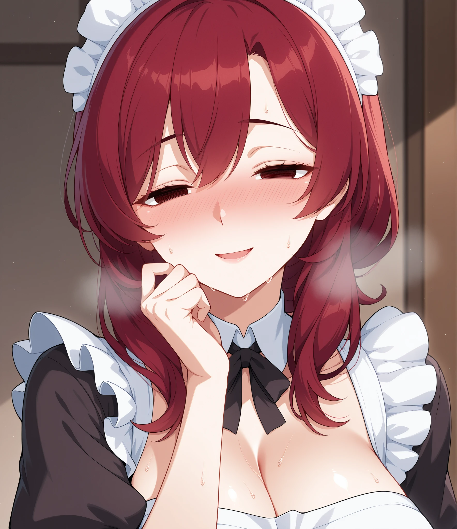 score_9, score_8_up, score_7_up, source_anime, aishagreyrat, aisha greyrat, green eyes, ponytail, red hair, long sleeves, apron, maid, ascot, white apron, white ascot, indoors, bent over, smile, dutch angle, looking at viewer, cowboy shot, adult body, tongue out, ahegao, drool, pm1s, girl, pov, penis