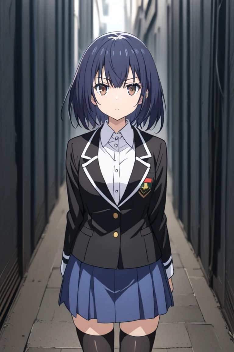 1girl, dark blue hair, brown eyes,DAL School Uniform, black thighhighs, jacket, school uniform, blazer, white shirt, shirt, black jacket, blue skirt, From The front, from The front, from The front, from The front, from The front,From The front, from The front, from The front, from The front, from The front, looking at viewer, looking at viewer, looking at viewer, looking at viewer, looking at viewer, looking at viewer, looking at viewer, looking at viewer, looking at viewer, looking at viewer