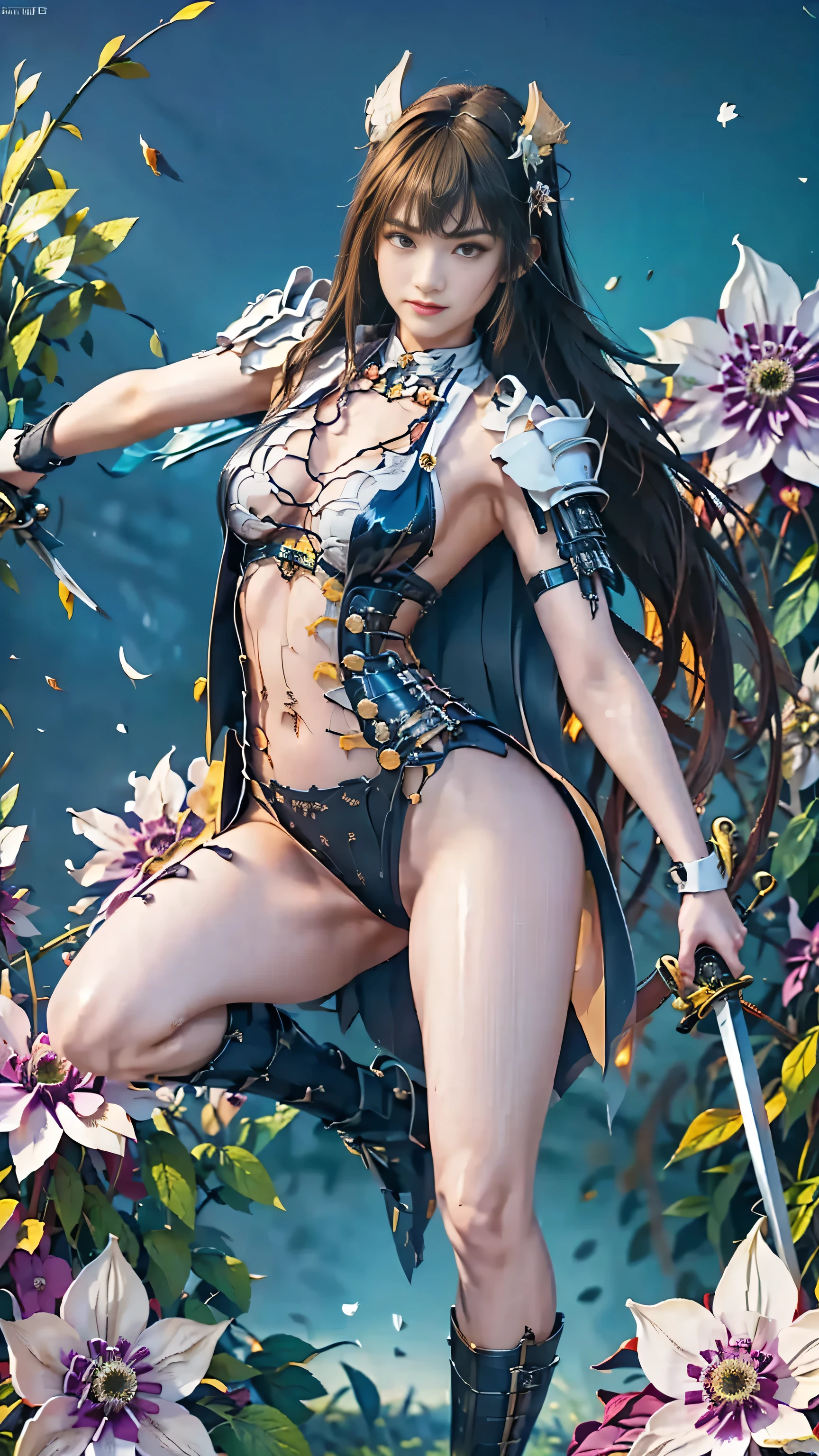 masterpiece,pictures,best quality,8k,best quality,ultra-detailed,super detailed skin,perfect anatomy,detailed,official art,young woman,1girl,Oiran,( wielding a katana with great force),(from front),(battle pose),(Swinging a sword forward in a leaning attack pose:1.6),(very long hair),(black hair),((red eyes)),glistening skin,muscular,(cleavage,large breasts:1.3),(seductive smile),(black Samurai armor:1.8),(long from shoulder),gypsy skirt,garter belt,white tights,zettai ryouiki,front light,(high saturation:1.3),(crepuscular rays),(gradient white background:1.6),(A field of blooming Clematis flower in full bloom:1.6),(White lined cape with calligraphy on background"windmill"" written large in red in the center), Brilliant Appearance ,extremely detailed, Imaginative,sensual ,best quality, skin texture,rawpictures, 8k, masterpiece, best quality,ultra detail,very detailed, intricate detail ,high resolution,超intricate detail,very detailed 8k cg wallpaper,