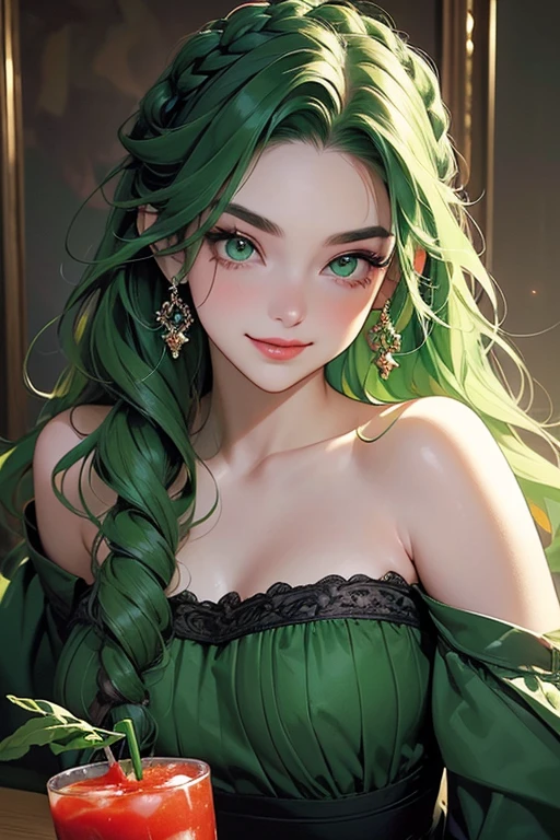 a girl with green hair, anime style, close up, , green hair, green eyes, long hair, jewelry, portrait, earrings, collarbone, bangs, parted bangs, eyelashes(eye arts:0.7)(eyes arts:0.7)(uhd 4k eye:1.3)(detailed:1.2)(better hand:1.5)